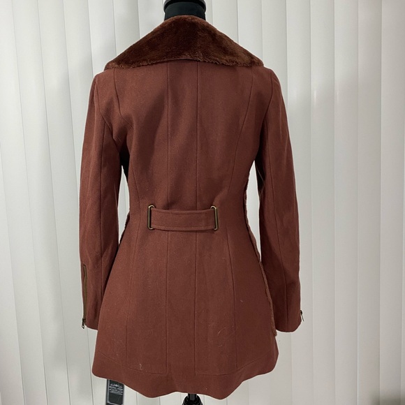 BLANC NOIR Sample Faux Fur Blocked Wool Car Coat Jacket Belted Midi Brown Small - Picture 7 of 12